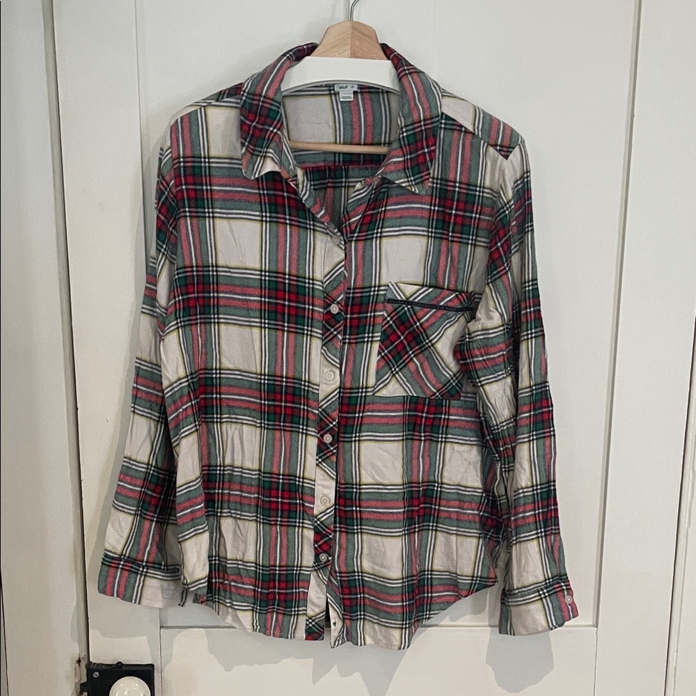 Plaid Button-Up pj Shirt in Cream, Red & Green